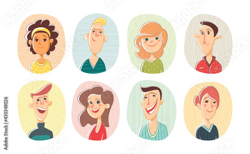 Set different person portrait diverse business team vector flat illustration. Collection of people avatars isolated. Bundle of joyful smiling colleagues. Man and woman faces round frame. Cartoon style