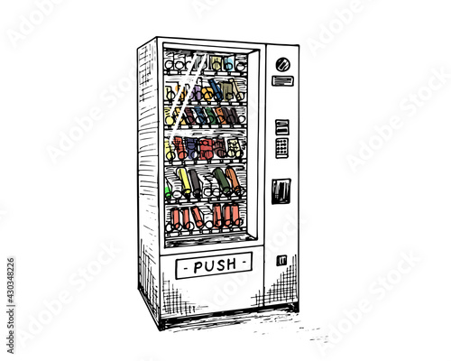 Vending machine with beverage bottles and cans hand drawn sketch. Automatic colored snack and drink sale machinery isometric view. Black and white vector isolated eps illustration