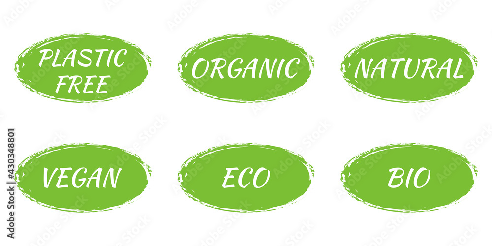 Eco, Organic, Bio, Natural, Plastic free, Vegan icon, logo or label set. Green stickers for healthy food, products and cosmetics. Vector illustration. Eco, Organic, Bio, Natural, Plastic free, Vegan icon, logo or label set. Green stickers for healthy food, products and cosmetics. Vector illustration.
