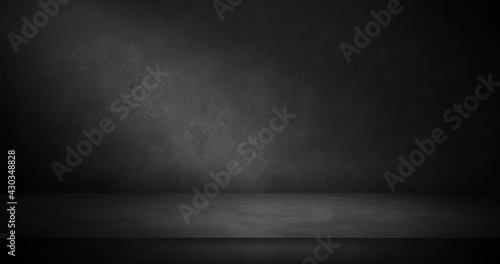 dark modern concrete room texture, photography or product display background, mock up panoramic banner with copy space 