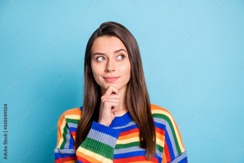 Photo portrait of girl smart thoughtful got idea looking copyspace isolated on bright blue color background Photo portrait of girl smart thoughtful got idea looking copyspace isolated on bright blue color background