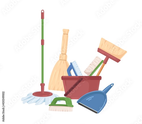 Household plastic tools such as broom, mop, bucket, scoop and brushes for cleanup. Manual domestic supplies for sweeping and cleaning. Colored flat vector illustration isolated on white background