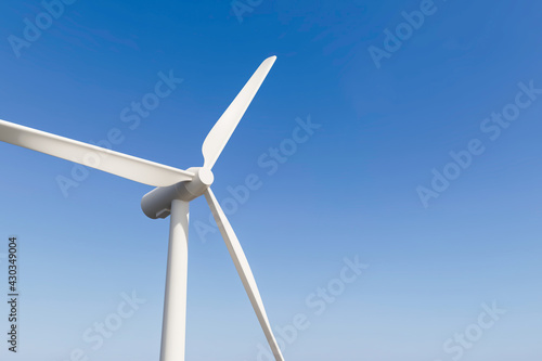 Wind turbines produce sustainable alternative natural energy on clean nature power background with technology for environment. 3D rendering.