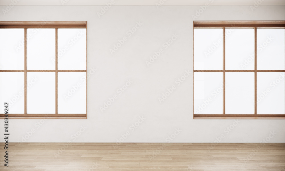 Obraz premium White room interior design decorating with wood. large window in the Japandi style room. 3d rendering background