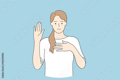 Loyalty promise oath concept. Young woman cartoon character wearing casual clothes swearing with hand on chest and open palm vector illustration 