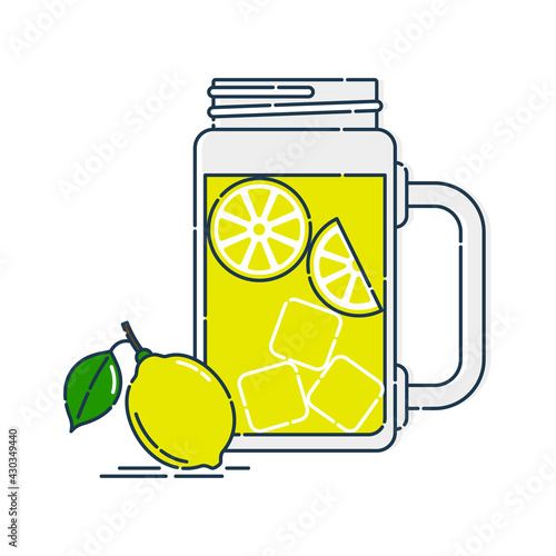 Jug lemonade with chunks of citrus and ice. Nearby a whole fruit with a leaf. Line art in flat style. Restaurant beverage illustration. Lemon with chilled juice. Outline icon isolated.