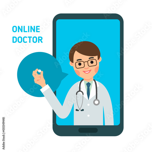 Male doctor online. Consultant on screen of smartphone. Pill trading app. Medical assistance, support network. Isolated illustration in flat style on white backdrop. Modern consultashion service © jeysent