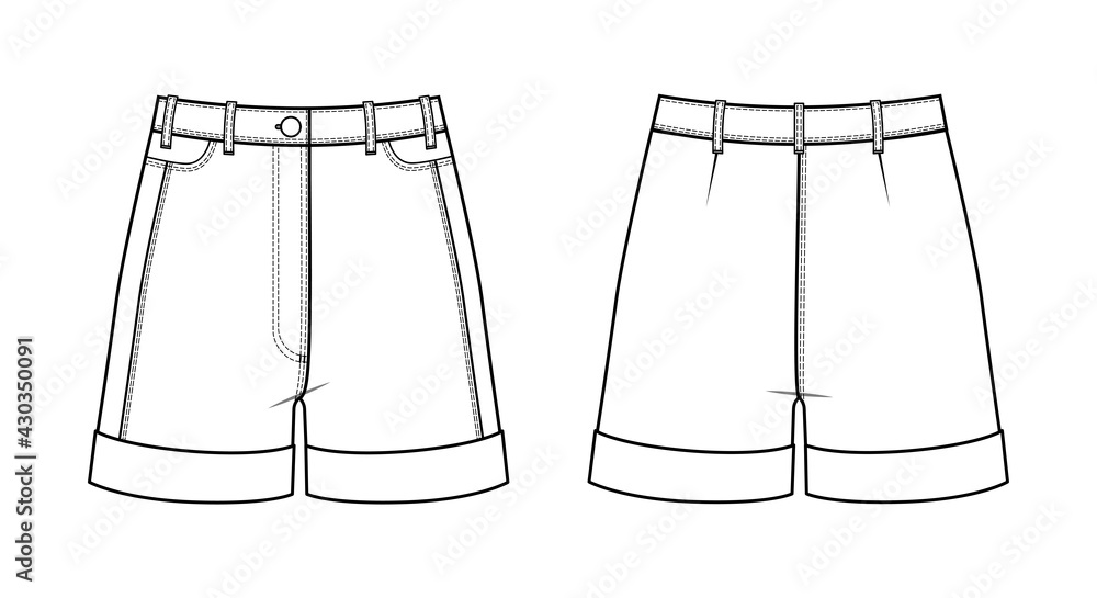 Fashion technical drawing of jeans shorts. Fashion flat illustrashion of  cotton shorts. Stock Vector