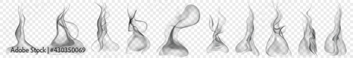 Set of several realistic transparent smoke or steam in white and gray colors, for use on light background. Transparency only in vector format