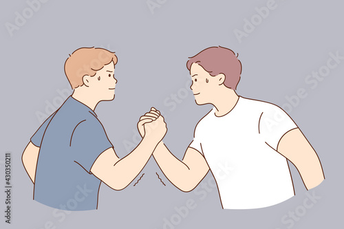 Arms wrestling, competition of strength concept. Young serious men cartoon character holding hands competing in strength trying to win vector illustration 