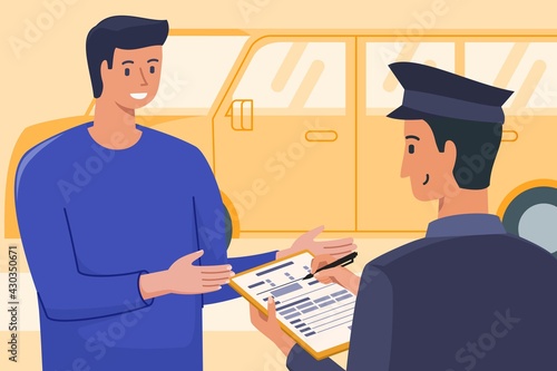 Police with Face Mask and Gloves Friendly Investigate Car Driver while Writing Traffic or Speeding Ticket Information. 