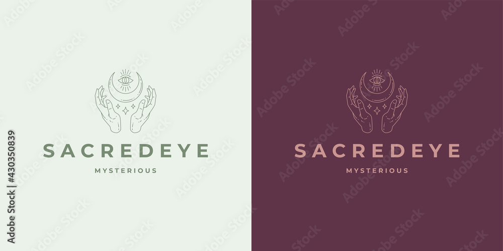 Magic hands with moon crescent logo emblem design template vector illustration in minimal line art style Magic hands with moon crescent logo emblem design template vector illustration in minimal line art style