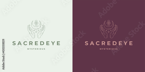 Magic hands with moon crescent logo emblem design template vector illustration in minimal line art style