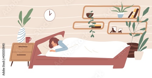 Tired woman sleeping in comfortable bed under blanket in bedroom. Person dreaming in cozy room. Bedtime concept. Colored flat vector illustration of sleepy human isolated on white background