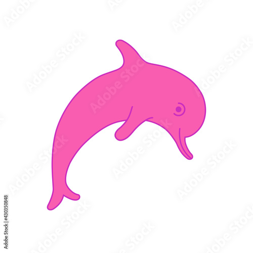 Pink cute smiling dolphin jumping. Vector isolated on white.