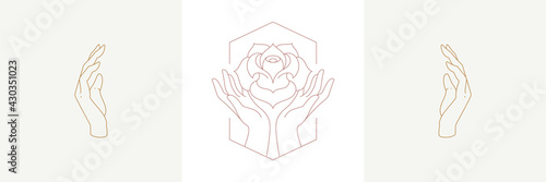 Palms holding rose flower and hands in boho linear style vector illustrations set.