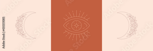 Magic eye and moon crescent with flowers in boho linear style vector illustrations set.