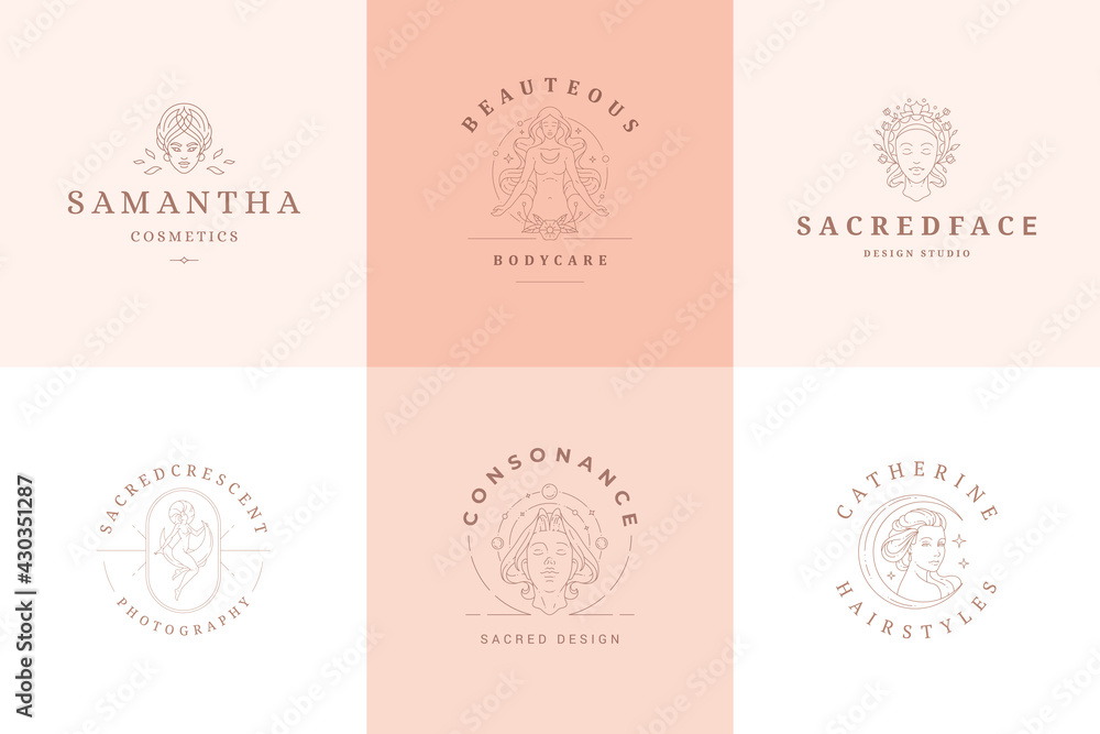 Feminine logos emblems design templates set with magic female vector illustrations minimal linear style