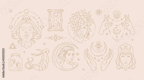 Magic woman boho vector illustrations of graceful feminine women and esoteric symbols set.