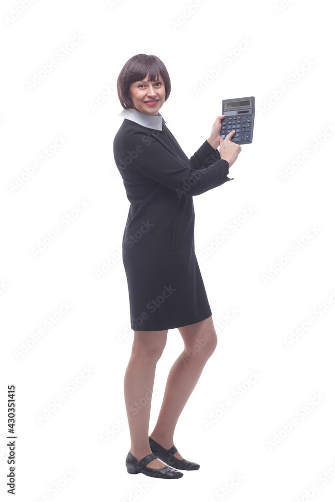 young businesswoman pointing at the calculator screen. young businesswoman pointing at the calculator screen.