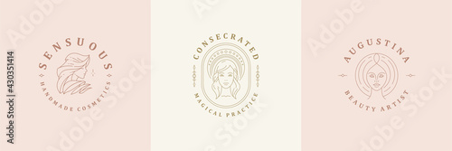 Feminine logos emblems design templates set with magic female portraits vector illustrations minimal linear style