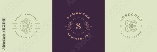 Flower logos emblems design templates set with botanical plants and rose vector illustrations minimal linear style