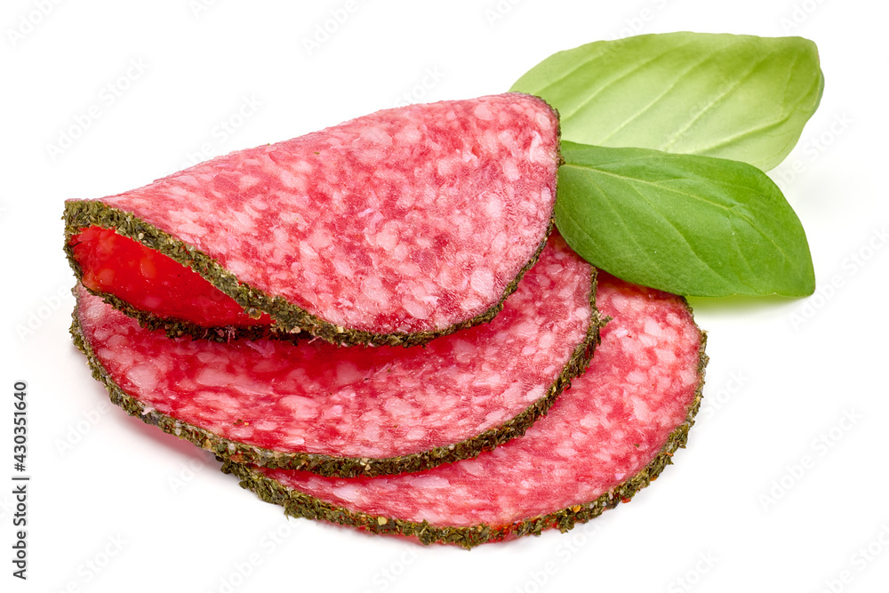 Salami sausage slices, isolated on white background. High resolution image Salami sausage slices, isolated on white background. High resolution image