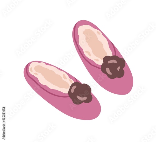 Pair of women closed winter slippers with fur. Cozy home shoes decorated with flower. Comfy female footwear. Colored flat vector illustration of warm soft footgear isolated on white background