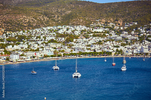 View of Aegean sea, traditional white houses marina from Bodrum Castle, Turkey