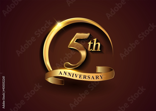 5th golden anniversary logo with gold ring and golden ribbon, vector design for birthday celebration, invitation card.