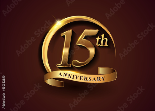 15th golden anniversary logo with gold ring and golden ribbon, vector design for birthday celebration, invitation card.