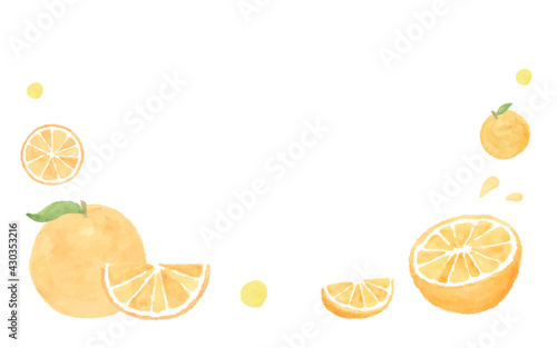 オレンジの水彩イラストの背景　みかん　フレーム　果物　断面　フレッシュ　フルーツ　柑橘類　＊分割可能