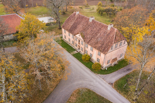 Aerial view of Ivande village in sunny autumn day, Latvia.