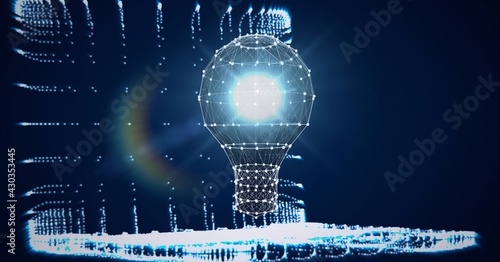 Composition of lit light bulb and laptop with network of connections on blue background