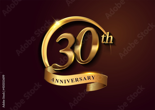 Obraz na płótnie 30th golden anniversary logo with gold ring and golden ribbon, vector design for birthday celebration, invitation card. w salonie