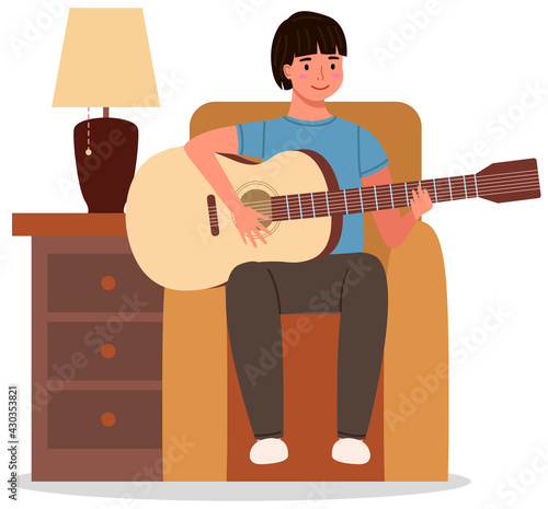 Young man playing guitar at home. Private guitar lessons. Guy sitting on armchair with musical instrument. Male character learning to play guitar. Guitarist creates music vector illustration