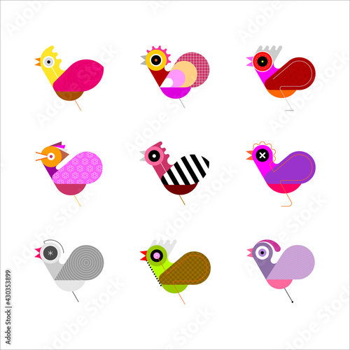 Multicolor designs isolated on a white background Bird Icon Set vector illustration. Nine different bird images. Can be used as a logo.