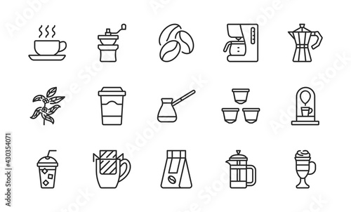 Coffee equipment line icon set. Coffee to go, mill,drip pack, cezve, pot, beans, capsules and tree. Concept for restaurant annd web shops. Editable strokes.