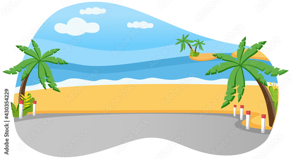 Tropical coast. Palm trees on beach near road on island against sea and blue sky with clouds vector illustration. Beautiful landscape of tropical island day time sunny day cartoon design style