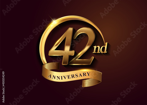 42nd golden anniversary logo with gold ring and golden ribbon, vector design for birthday celebration, invitation card.