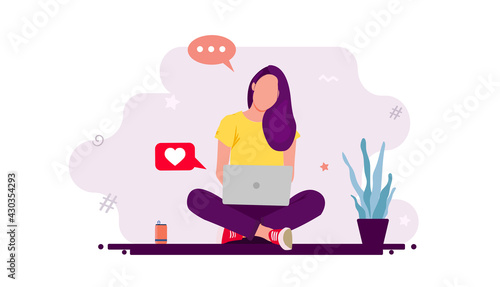 Modern young woman sitting on the floor with legs crossed uses a laptop and chatting with friends. Digital technology and entertainment concept. Vector illustration .