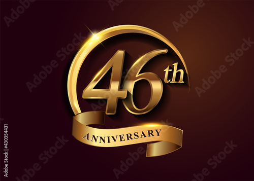 46th golden anniversary logo with gold ring and golden ribbon, vector design for birthday celebration, invitation card.
