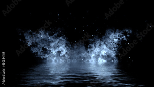 Blue fire on isolated background. Perfect explosion effect for decoration and covering on black background. Concept burn flame and light texture overlays. Reflection in water.