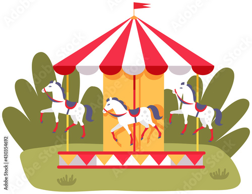Carousel with three colored horses on playground. Outdoor entertainment for children. Colorful attraction with animals fo kids. Carousel in park vector illustration. Toy horses on ride attraction