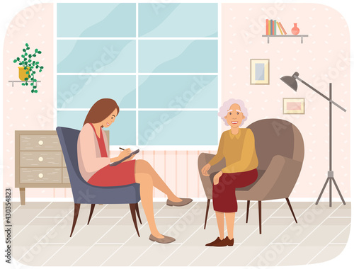 Elderly woman talking to psychotherapist or psychologist and answer questions. Patients at reception at psychotherapies. Female sits in chair, listens and writes to client s psychological problems