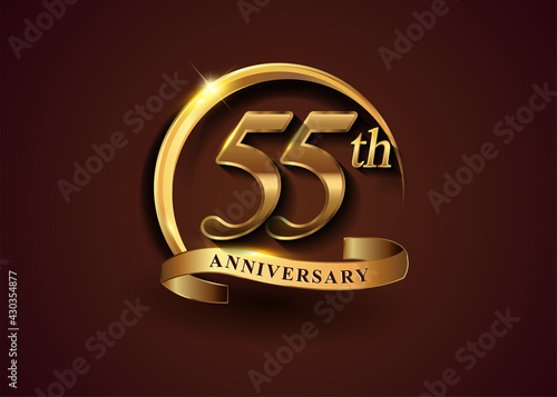 55th golden anniversary logo with gold ring and golden ribbon, vector design for birthday celebration, invitation card.