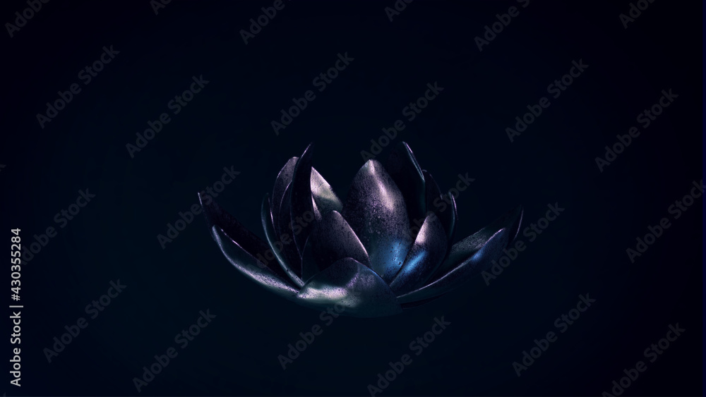 Lotus Blüte aus Metall vor dunklem Hintergrund | Organic Design | 3D Render Illustration 8K - obrazy, fototapety, plakaty 