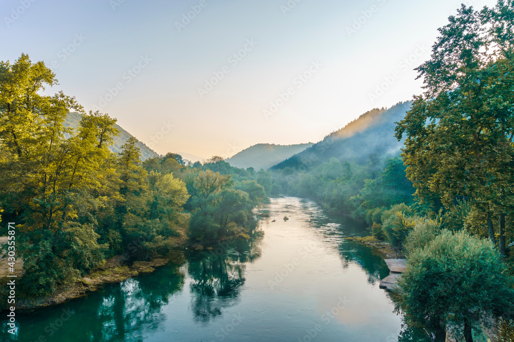 morning in the mountains over river