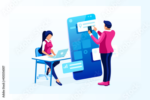 People on smartphone chatting with digital clients on service for chat. Characters on flat vector illustration