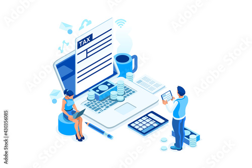 Filling tax documents for calculation. Characters preparing graph charts. Accounting concept on a cartoon vector illustration.